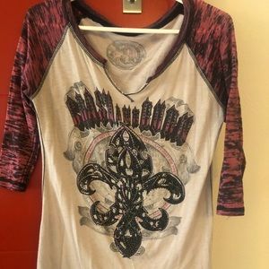 “Crash and Burn” rhinestone “Live Fast Die Pretty” 3/4 sleeve tshirt size large